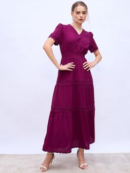 Styli - Purple Women Solid V-Neck Casual Tiered Maxi Dress