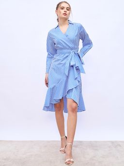 Styli - Blue Stripe Shirt Collar Casual Wrap Knee Length Dress with Belt