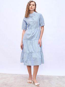 Styli - Blue Women Stripe Mandarin Casual Shirt Midi Dress