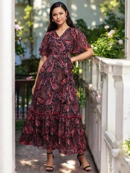 Miss Chase - Women's Black Bohemian V-Neck Relaxed Wrap Maxi Dress with Belt