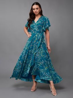 Miss Chase - Women's Turquoise V-Neck Floral Print Wrap Maxi Dress with Belt