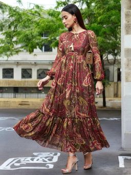 Miss Chase - Women's Brown Relaxed Fit Printed Maxi Chiffon Dress