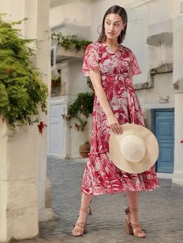 Miss Chase - Women's Maroon V Neck Floral Print Wrap Maxi Dress with Belt