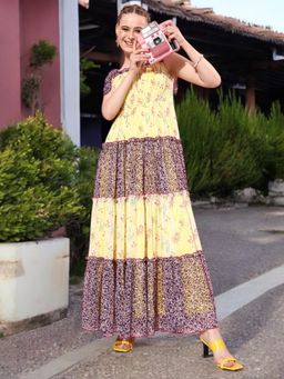 Miss Chase - Multi-Color Multicolored Tie-Up Floral Print Tiered Maxi Dress