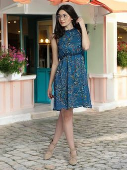 Miss Chase - Blue Women's Floral Print Gathered Mini Skater Dress