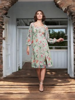 Miss Chase - Multi-Color Women's Dusty Green Floral Print A-Line Midi Dress