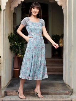 Miss Chase - Women's Light Blue Bohemian Fit and Flare Midi Dress