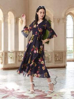 Miss Chase - Women's Navy Blue V Neck Floral Print Ruffled Midi Dress