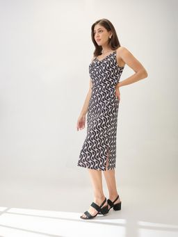 Globus - Black Cowl Neck Metal Shoulder Straps Side Slits Midi Party Dress