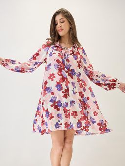 Globus - Women White Floral Print V-Neck Mini A-Line Workwear Dress