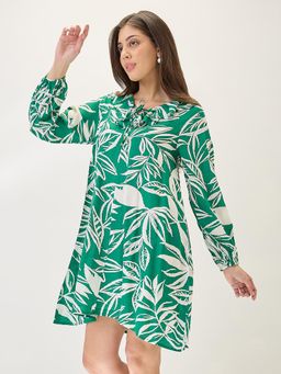 Globus - Women Green Floral Print V-Neck Mini A-Line Workwear Dress