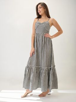 Globus - Multi-Color Black and White Checkered Bow Detail Maxi Dress