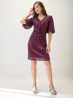 Globus - Burgundy V-Neck Puff Sleeves Twisted Detail Sequined Mini Party Dress
