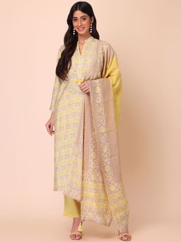 Indya - Yellow Batik Print Muslin Kurta With Pants And Dupatta (Set of 3)