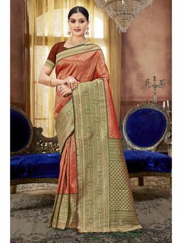 Sangam Prints - Red Silk Woven Zari Work Traditional Tassel Saree with Unstitched Blouse