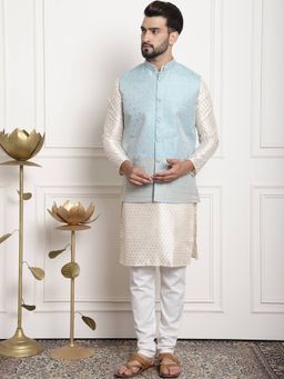 SOJANYA - Blue Silk Blend Festive Kurta With Pyjama & Nehru Jacket