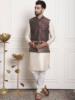 SOJANYA - Wine Silk Blend Festive Kurta With Pyjama & Nehru Jacket