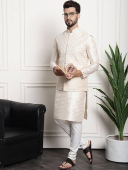 SOJANYA - Cream Silk Blend Festive Kurta With Pyjama & Nehru Jacket