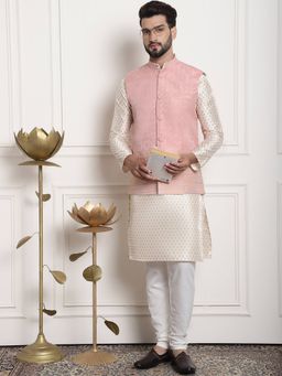SOJANYA - Pink Silk Blend Festive Kurta With Pyjama & Nehru Jacket