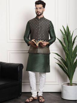 SOJANYA - Black Silk Blend Festive Kurta With Pyjama & Nehru Jacket