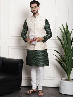 SOJANYA - Cream Silk Blend Festive Kurta With Pyjama & Nehru Jacket