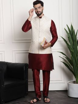 SOJANYA - Maroon Silk Blend Festive Kurta With Pyjama & Nehru Jacket