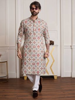 SOJANYA - Cream Cotton Linen Festive Kurta With Pyjama