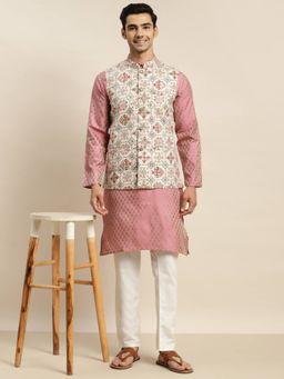 SOJANYA - Cream Silk Blend Cotton Linen Festive Kurta With Pyjama & Nehru Jacket
