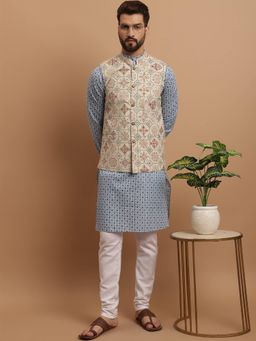 SOJANYA - Blue Cotton Linen Festive Kurta With Pyjama & Nehru Jacket