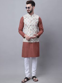 SOJANYA - Maroon Cotton Linen Festive Kurta With Pyjama & Nehru Jacket
