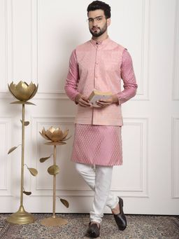 SOJANYA - Pink Silk Blend Festive Kurta With Pyjama & Nehru Jacket