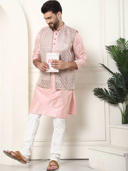SOJANYA - Pink Silk Blend Festive Kurta With Pyjama & Nehru Jacket