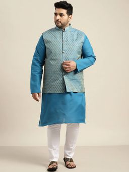 SOJANYA - Blue Cotton Blend Silk Blend Festive Kurta With Pyjama & Nehru Jacket