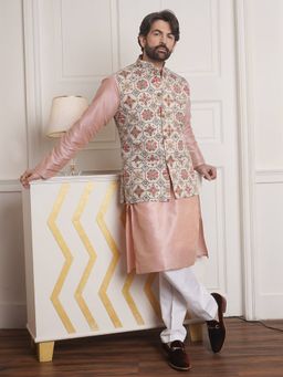 SOJANYA - Cream Silk Blend Cotton Linen Festive Kurta With Pyjama & Nehru Jacket