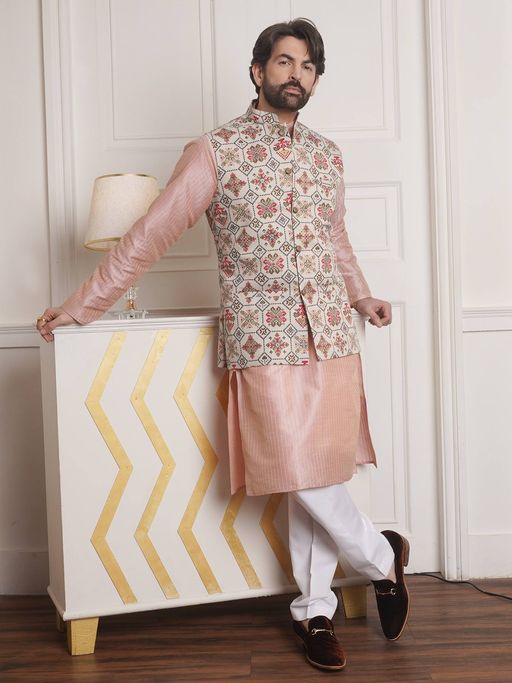 SOJANYA Cream Silk Blend Cotton Linen Festive Kurta With Pyjama & Nehru Jacket