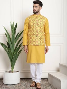 SOJANYA - Yellow Cotton Blend Festive Kurta With Pyjama & Nehru Jacket