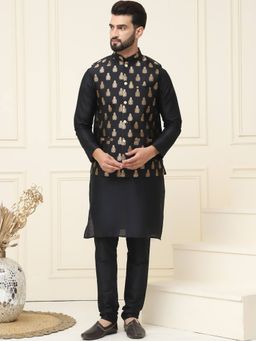 SOJANYA - Black Silk Blend Festive Kurta With Pyjama & Nehru Jacket