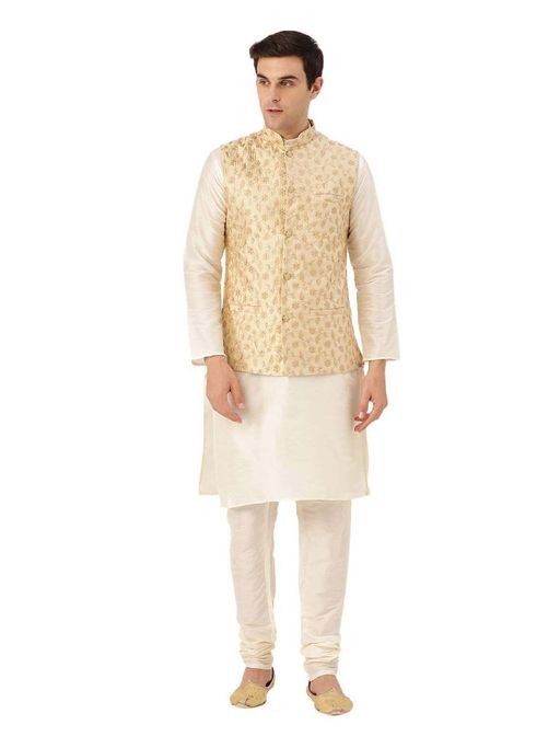 SOJANYA Beige Silk Blend Festive Kurta With Pyjama & Nehru Jacket
