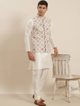 SOJANYA - Cream Silk Blend Cotton Linen Festive Kurta With Pyjama & Nehru Jacket