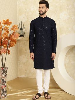 SOJANYA - Navy Blue Cotton Festive Kurta With Pyjama