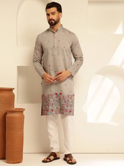 SOJANYA - Grey Cotton Silk Festive Kurta With Pyjama