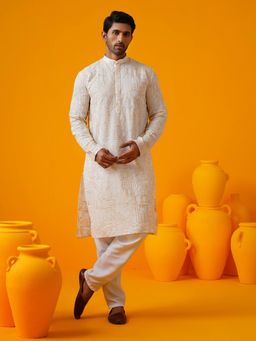 SOJANYA - Cream Cotton Silk Festive Kurta With Pyjama