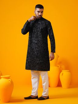 SOJANYA - Black Cotton Silk Festive Kurta With Pyjama
