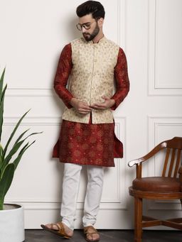 SOJANYA - Beige Silk Blend Festive Kurta With Pyjama & Nehru Jacket