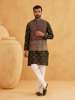 SOJANYA - Wine Silk Blend Festive Kurta With Pyjama & Nehru Jacket