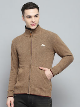 Monte Carlo - Solid Brown Mock Neck Zipper Cardigan