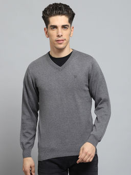 Monte Carlo - Solid Grey V Neck Full Sleeve Pullover