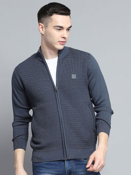 Monte Carlo - Grey Mock Neck Textured Zipper Cardigan