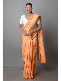 Unnati Silks - Peach Pure Block Printed Chanderi Sico Saree with Unstitched Blouse