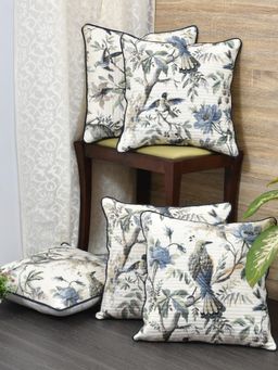 The Home Story - Cushion Covers Set of 5 - 24 x 24 Inches - Blue Flowers & Birds